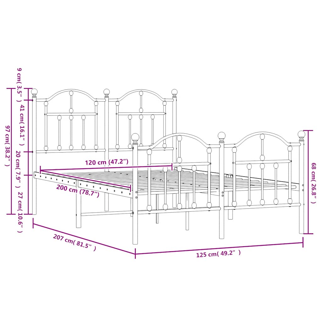 Metalni okvir kreveta uzglavlje i podnožje crni 120x200 cm