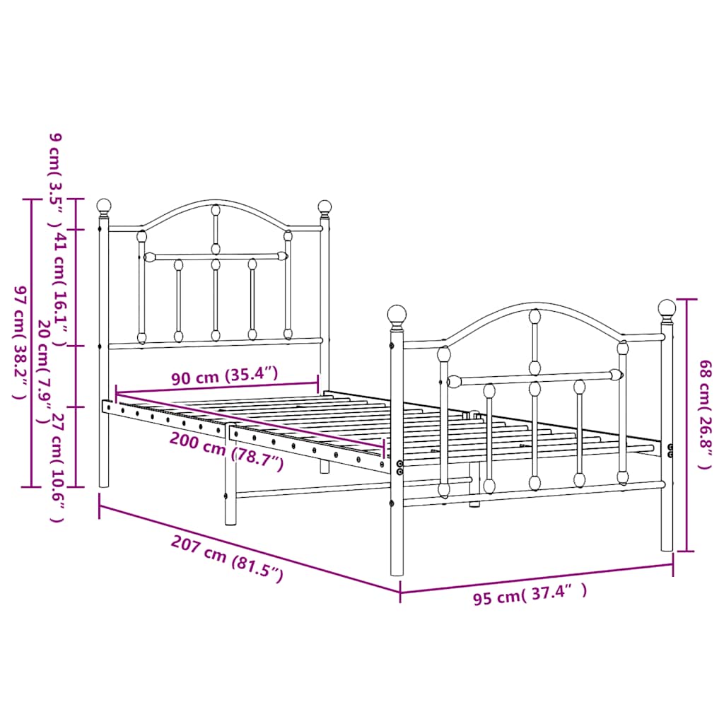 Metalni okvir kreveta uzglavlje i podnožje bijeli 90 x 200 cm