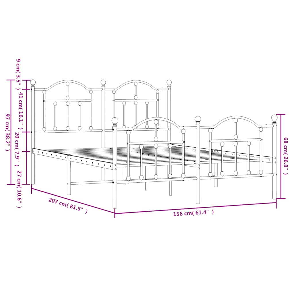 Metalni okvir kreveta uzglavlje i podnožje bijeli 150 x 200 cm