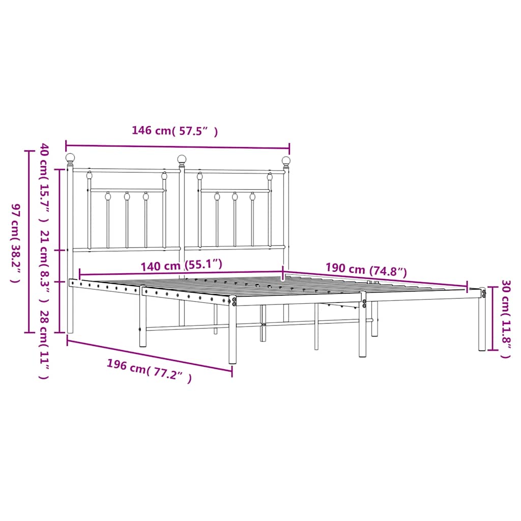Metalni okvir za krevet s uzglavljem crni 140x190 cm