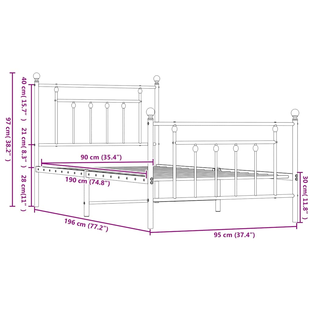 Metalni okvir kreveta uzglavlje i podnožje crni 90x190 cm