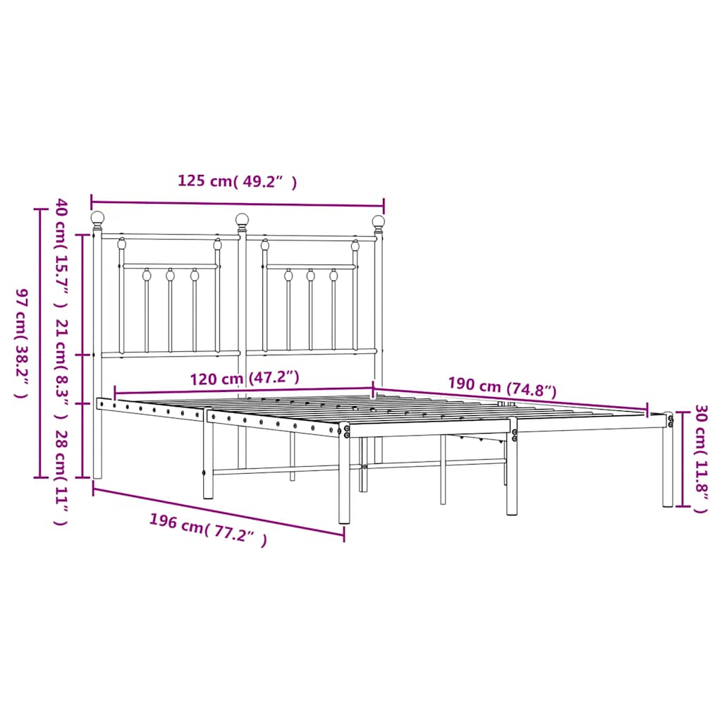 Metalni okvir za krevet s uzglavljem bijeli 120 x 190 cm