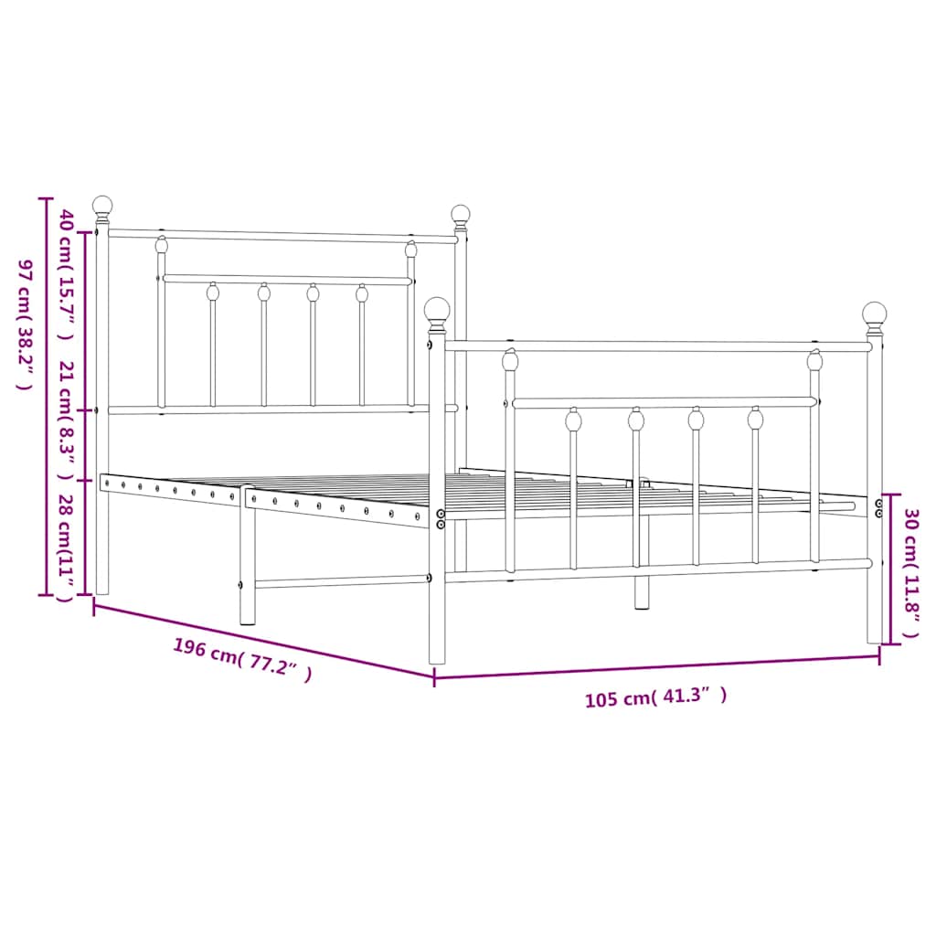 Metalni okvir kreveta uzglavlje i podnožje bijeli 100x190 cm