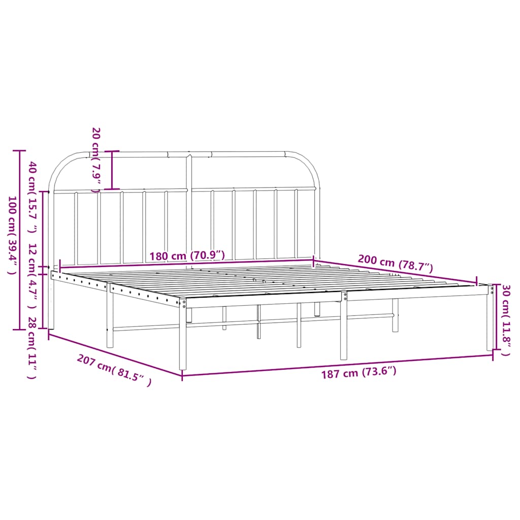 Metalni okvir za krevet s uzglavljem crni 180x200 cm