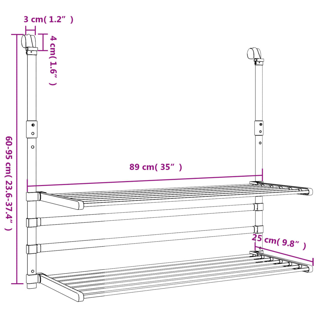 Stalak za sušenje za balkon 89 x 25 x (60 - 95) cm aluminijski
