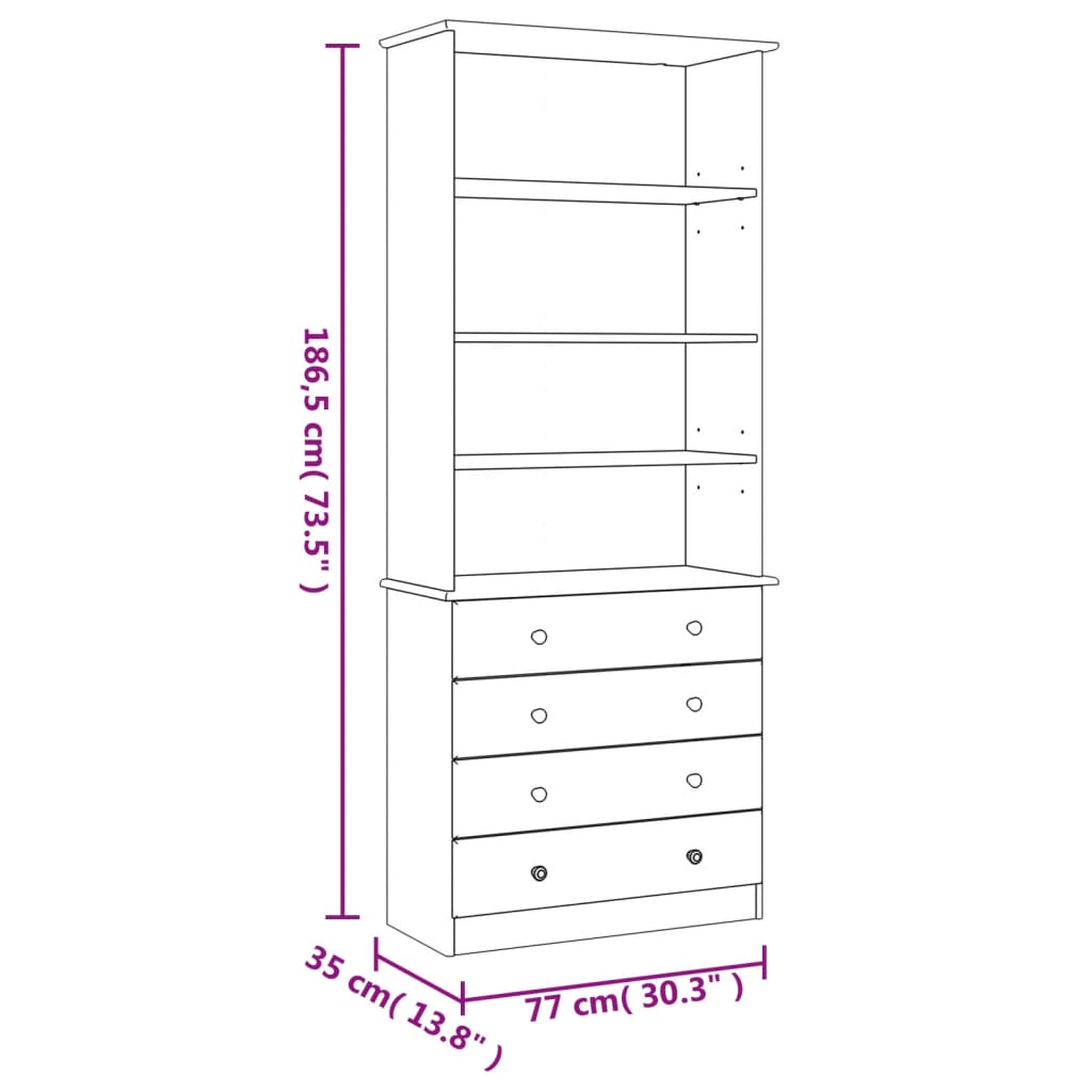 Regal za knjige s ladicama ALTA 77x35x186,5 cm masivna borovina