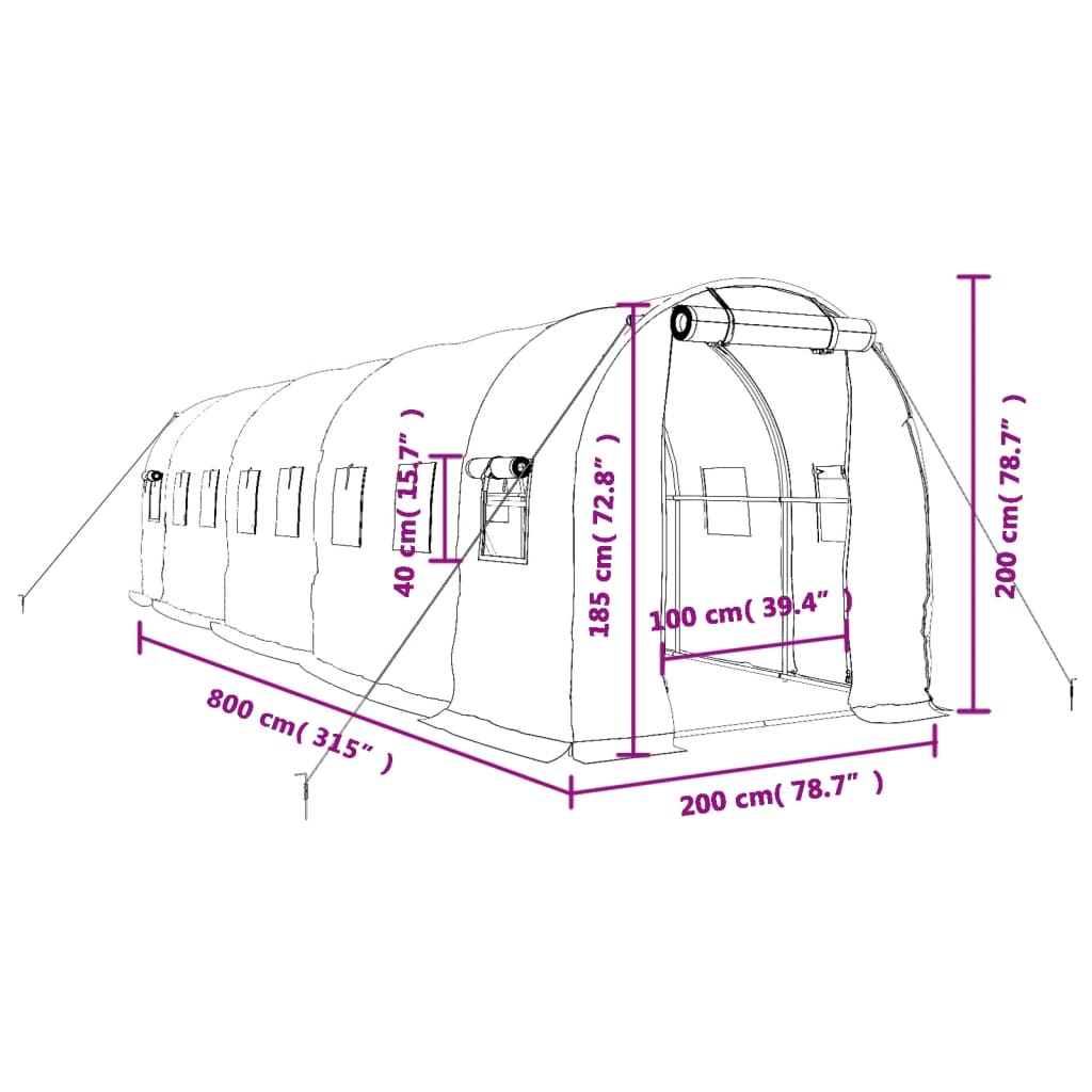Staklenik s čeličnim okvirom zeleni 16 m² 8 x 2 x 2 m