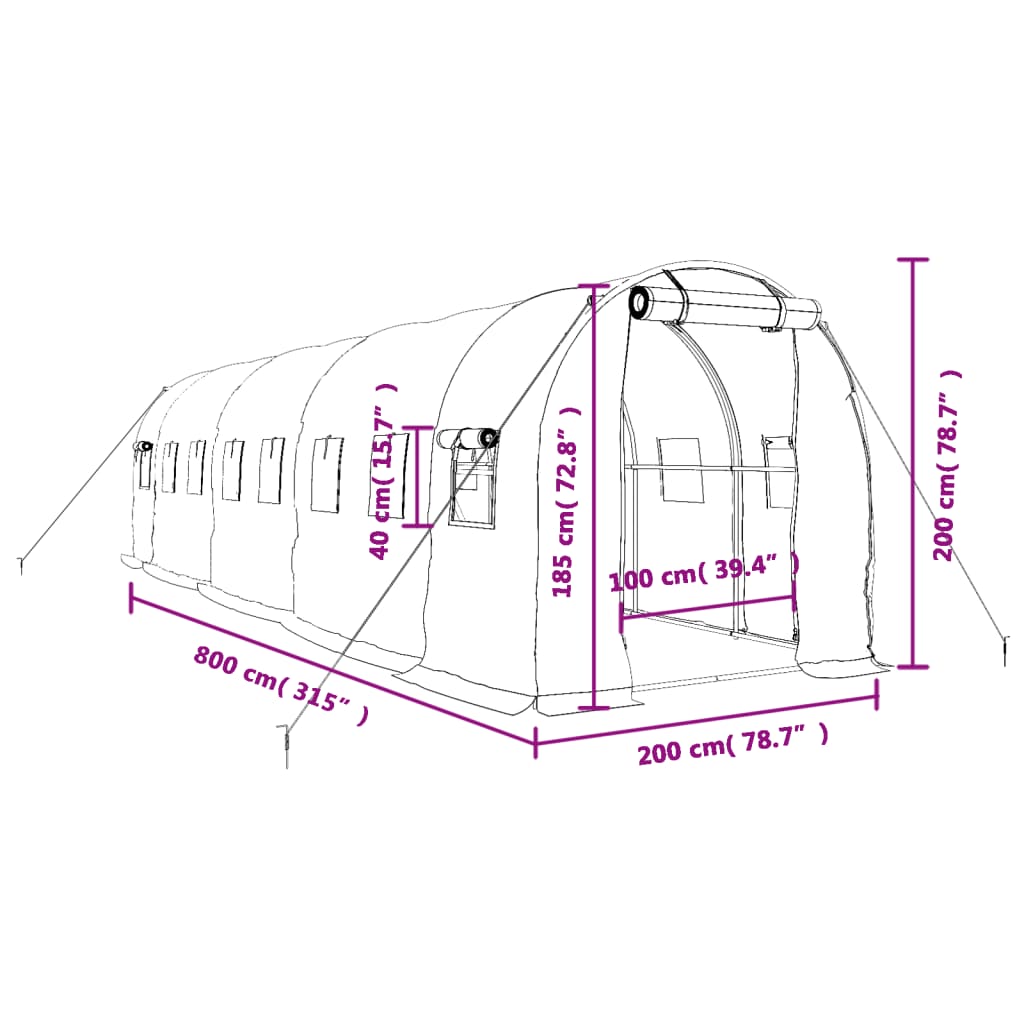 Staklenik s čeličnim okvirom bijeli 16 m² 8 x 2 x 2 m