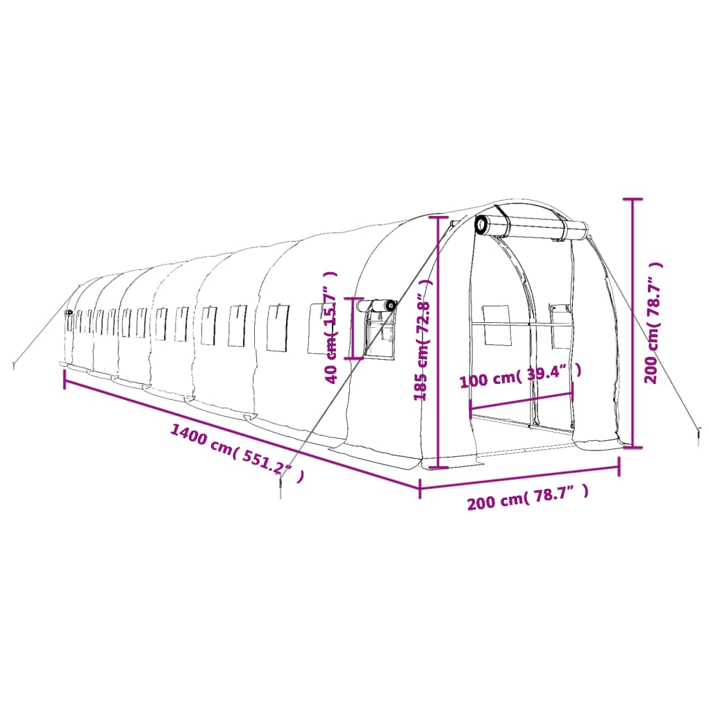 Staklenik s čeličnim okvirom bijeli 28 m² 14 x 2 x 2 m