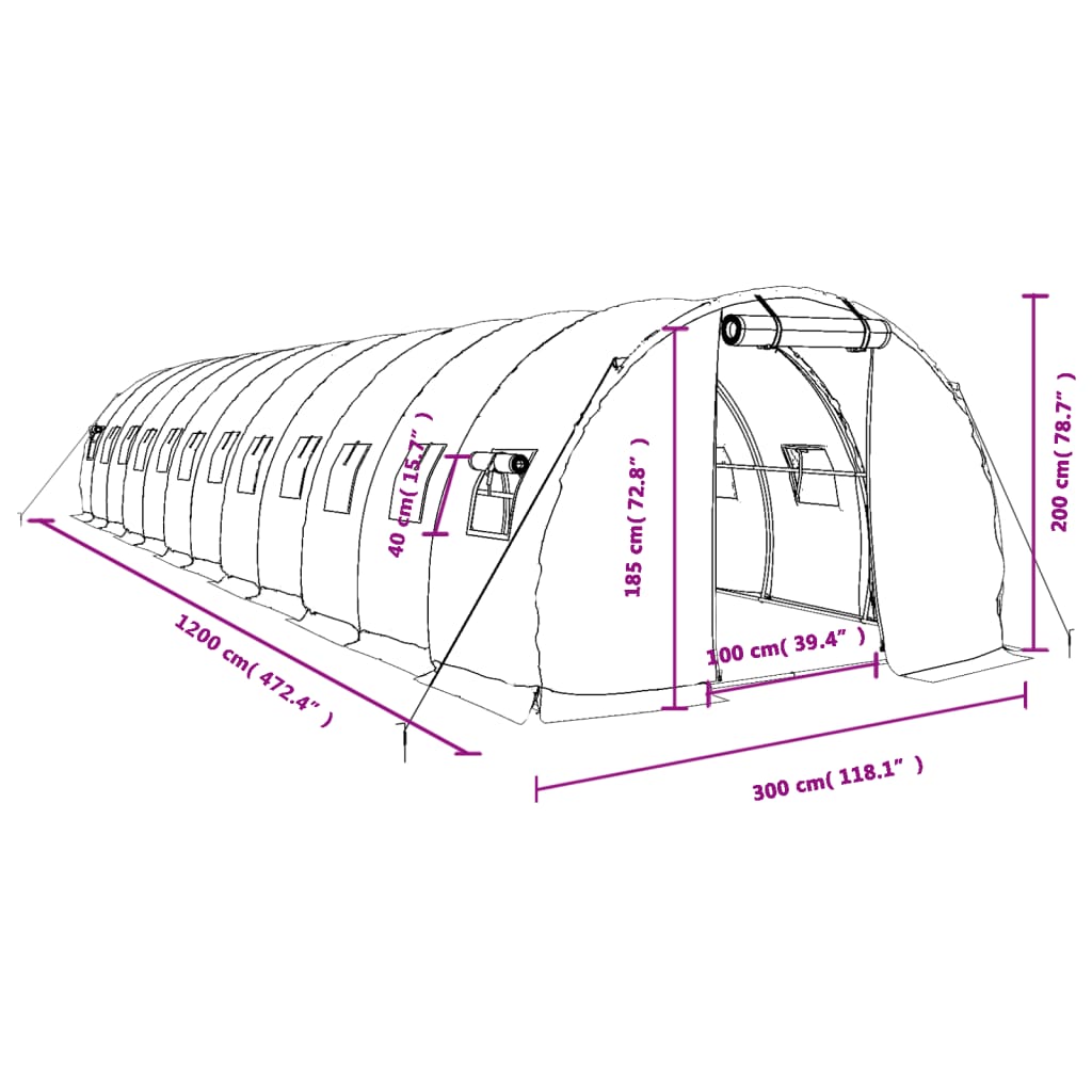 Staklenik s čeličnim okvirom bijeli 36 m² 12 x 3 x 2 m