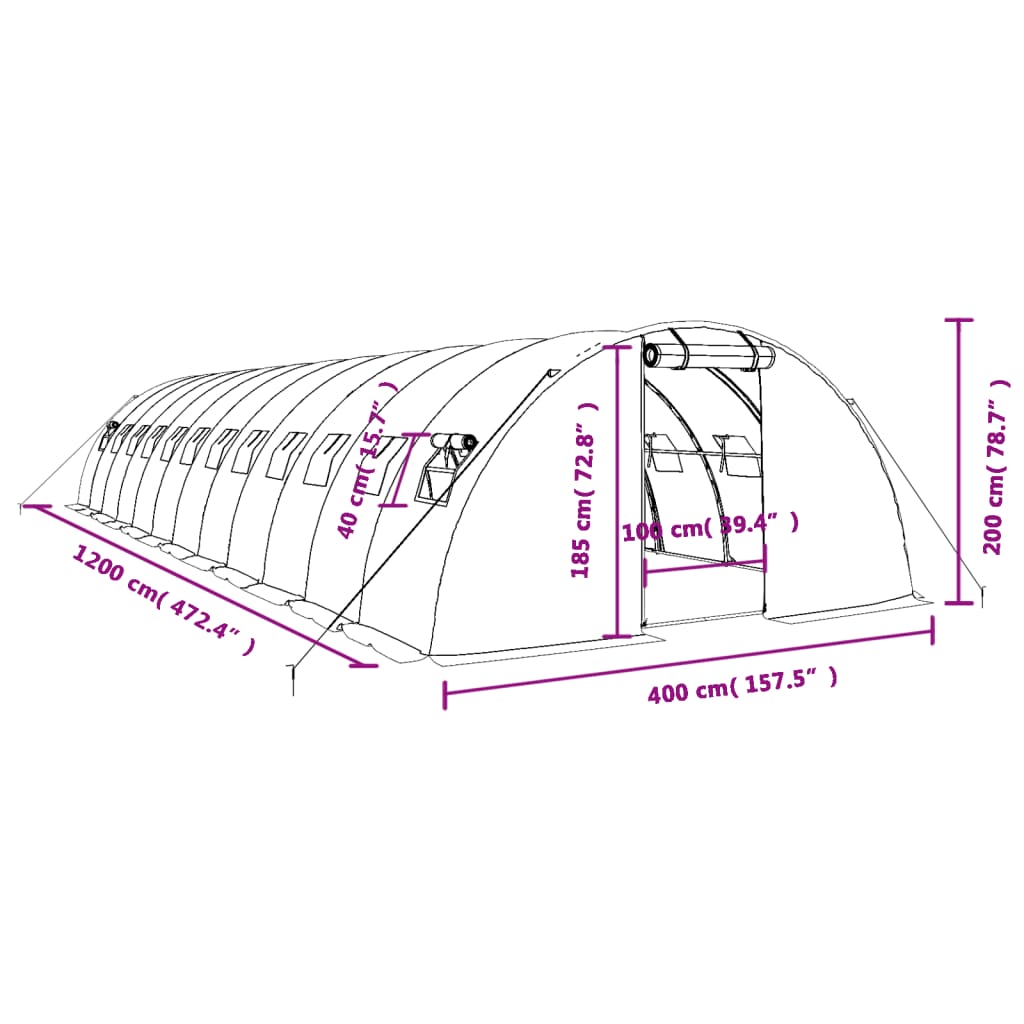 Staklenik s čeličnim okvirom zeleni 48 m² 12 x 4 x 2 m
