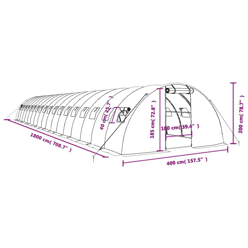 Staklenik s čeličnim okvirom zeleni 72 m² 18 x 4 x 2 m