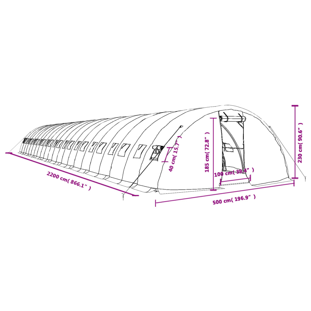 Staklenik s čeličnim okvirom zeleni 110 m² 22 x 5 x 2,3 m