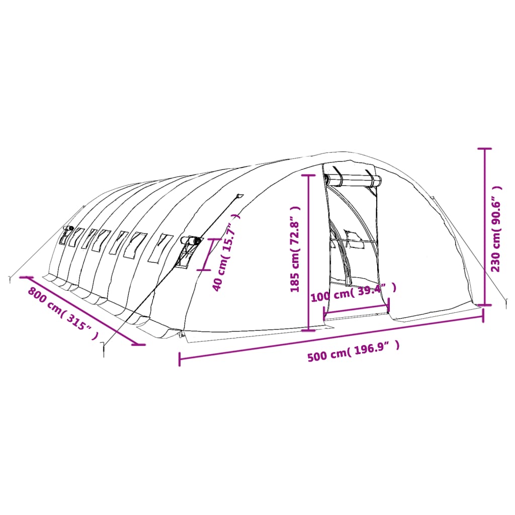 Staklenik s čeličnim okvirom bijeli 40 m² 8 x 5 x 2,3 m