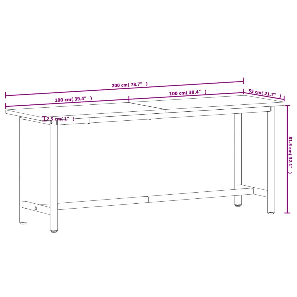 Radni stol 200x55x81,5 cm od masivne bukovine i metala