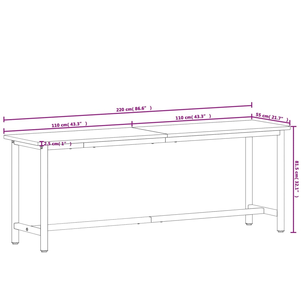 Radni stol 220x55x81,5 cm od masivne bukovine i metala