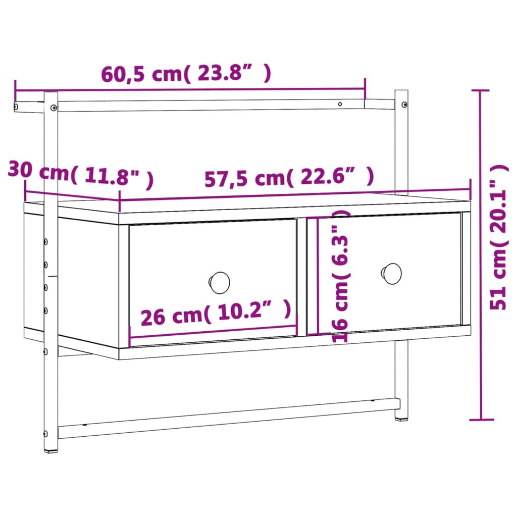 TV ormarić zidni boja hrasta 60,5x30x51 cm konstruirano drvo