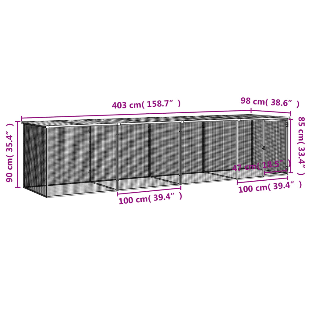 Kavez za kokoši s krovom svjetlosivi 403x98x90 cm čelični