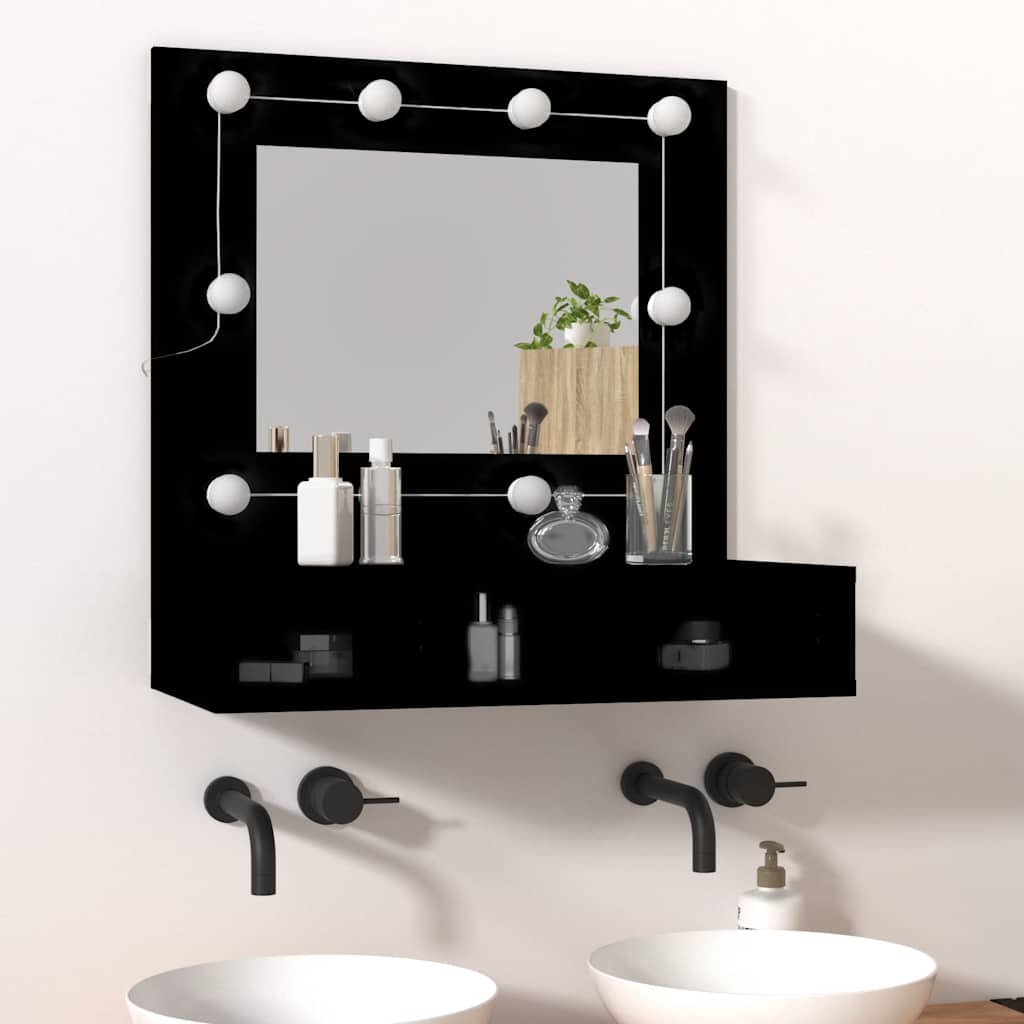 Ormarić s ogledalom i LED svjetlima crni 60 x 31,5 x 62 cm