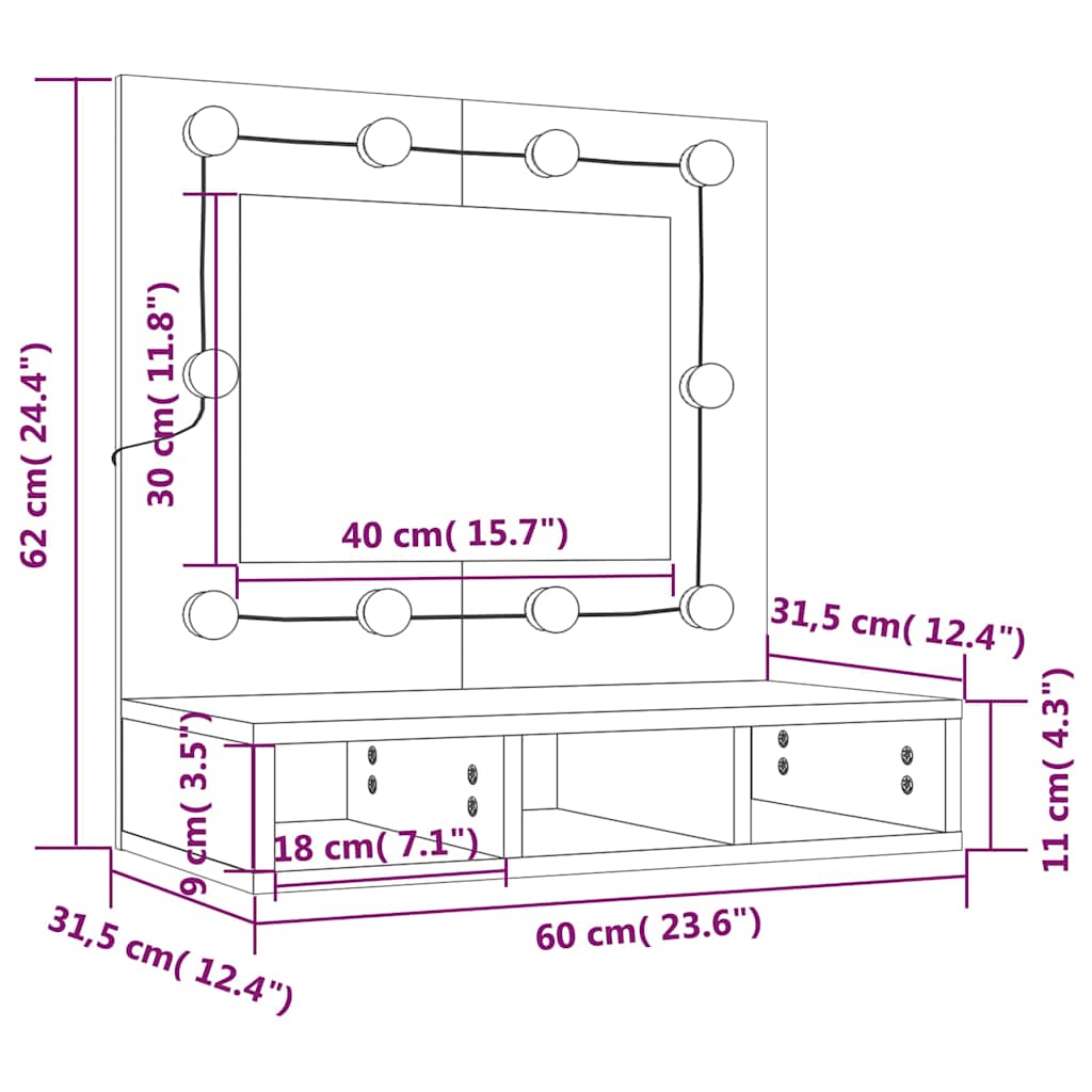 Ormarić s ogledalom i LED svjetlima crni 60 x 31,5 x 62 cm