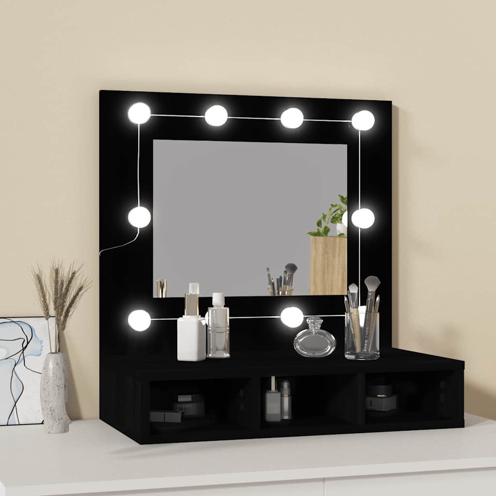 Ormarić s ogledalom i LED svjetlima crni 60 x 31,5 x 62 cm