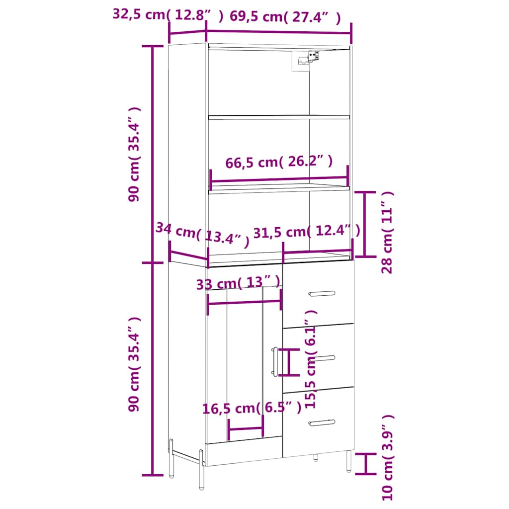 Visoka komoda crni 69,5x34x180 cm konstruirano drvo