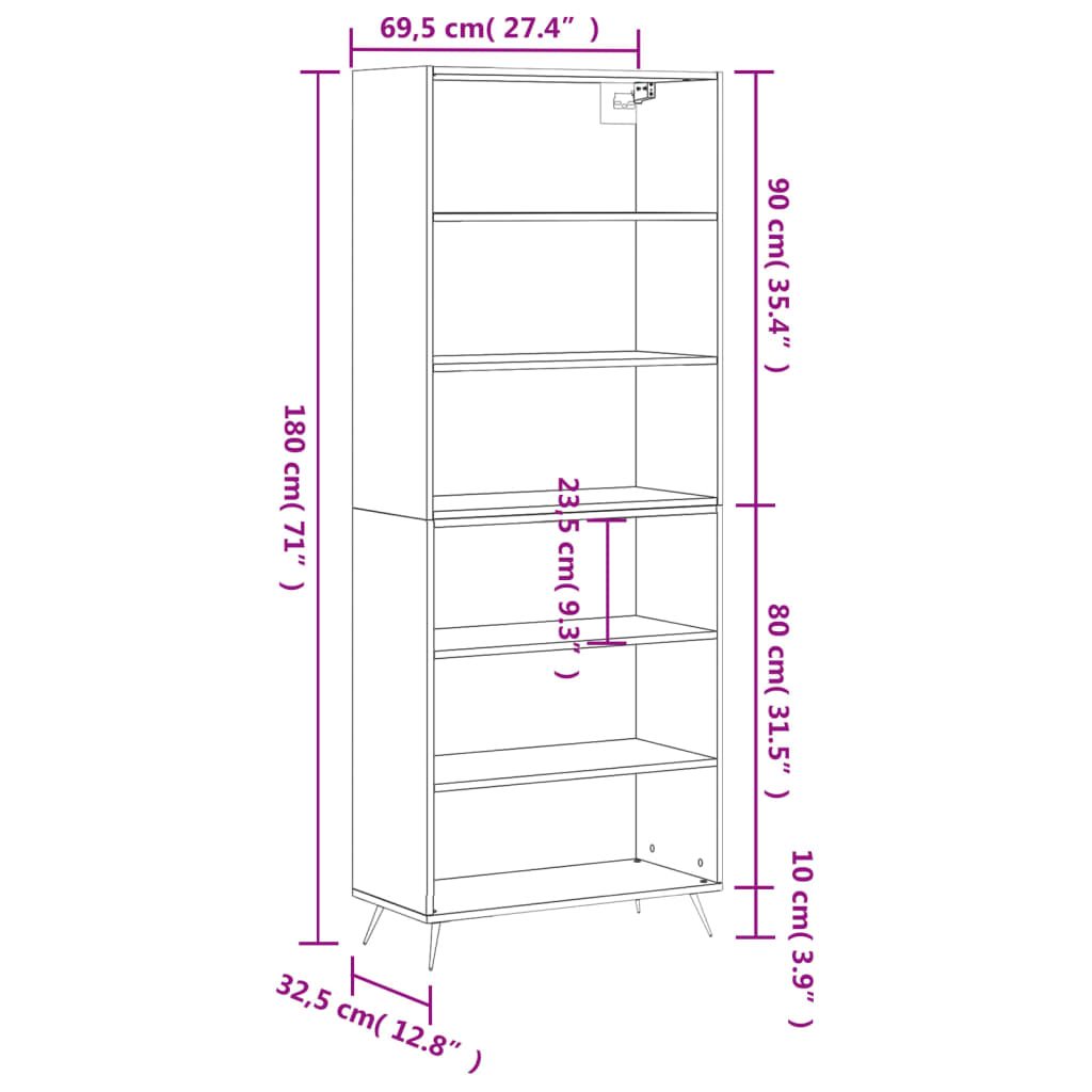 Visoka komoda siva betona 69,5x32,5x180 cm konstruirano drvo