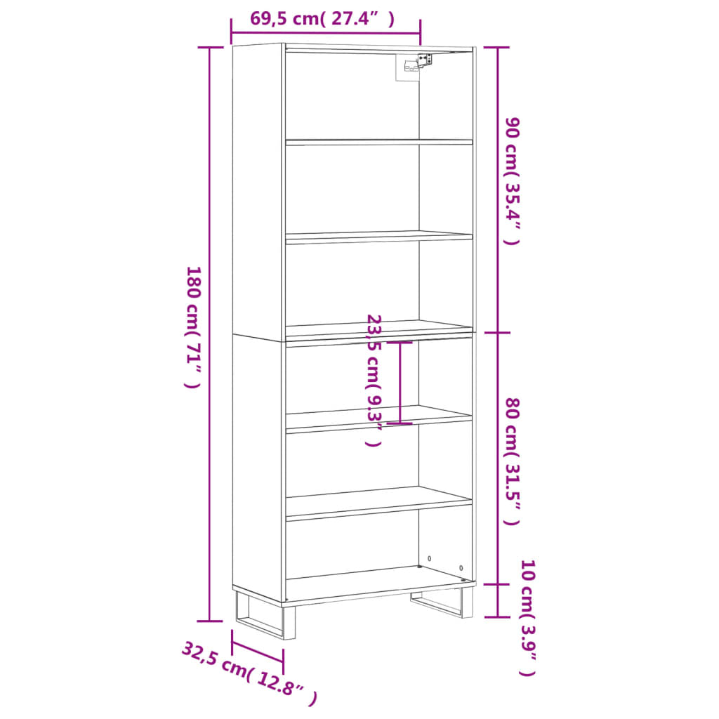 Visoka komoda siva betona 69,5x32,5x180 cm konstruirano drvo