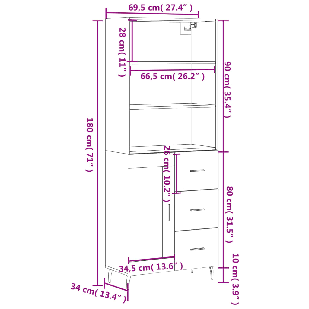 Visoka komoda hrasta sonome 69,5x34x180cm od konstruiranog drva