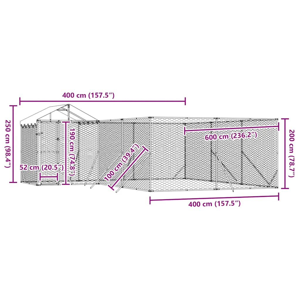 Vanjski kavez za pse s krovom srebrni 6x6x2,5 m pocinčani čelik