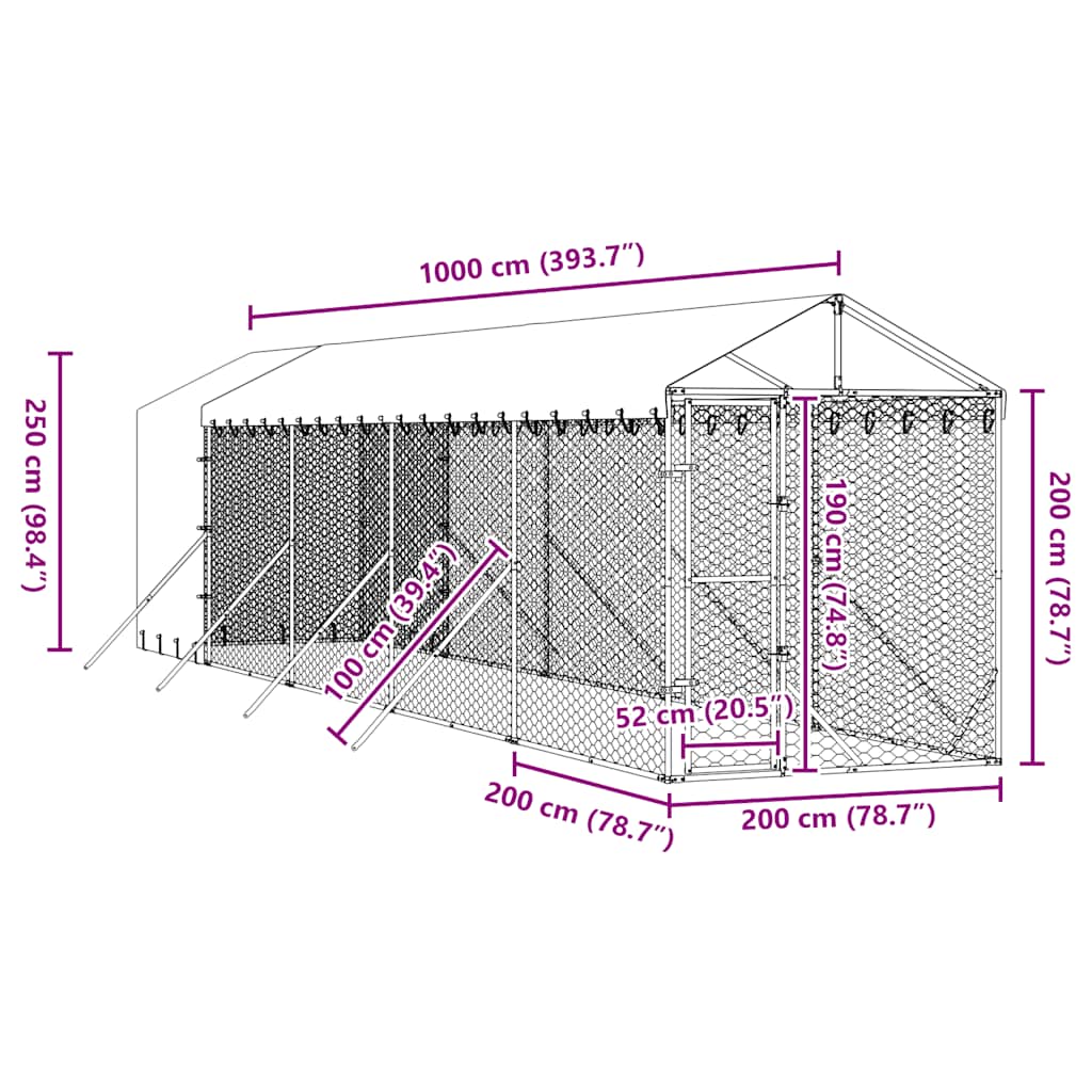 Vanjski kavez za pse s krovom srebrni 2x10x2,5m pocinčani čelik