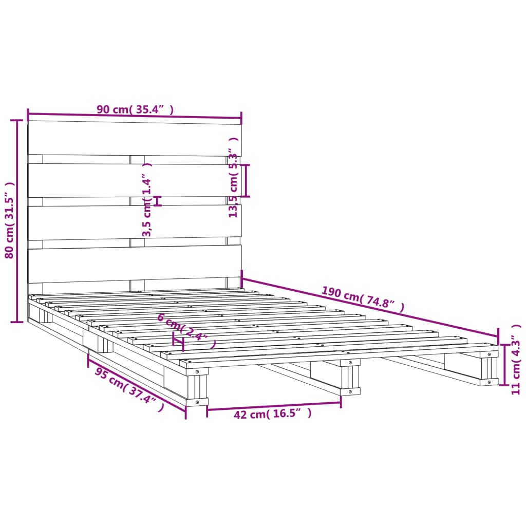 Okvir za krevet od borovine 90 x 190 cm jednokrevetni