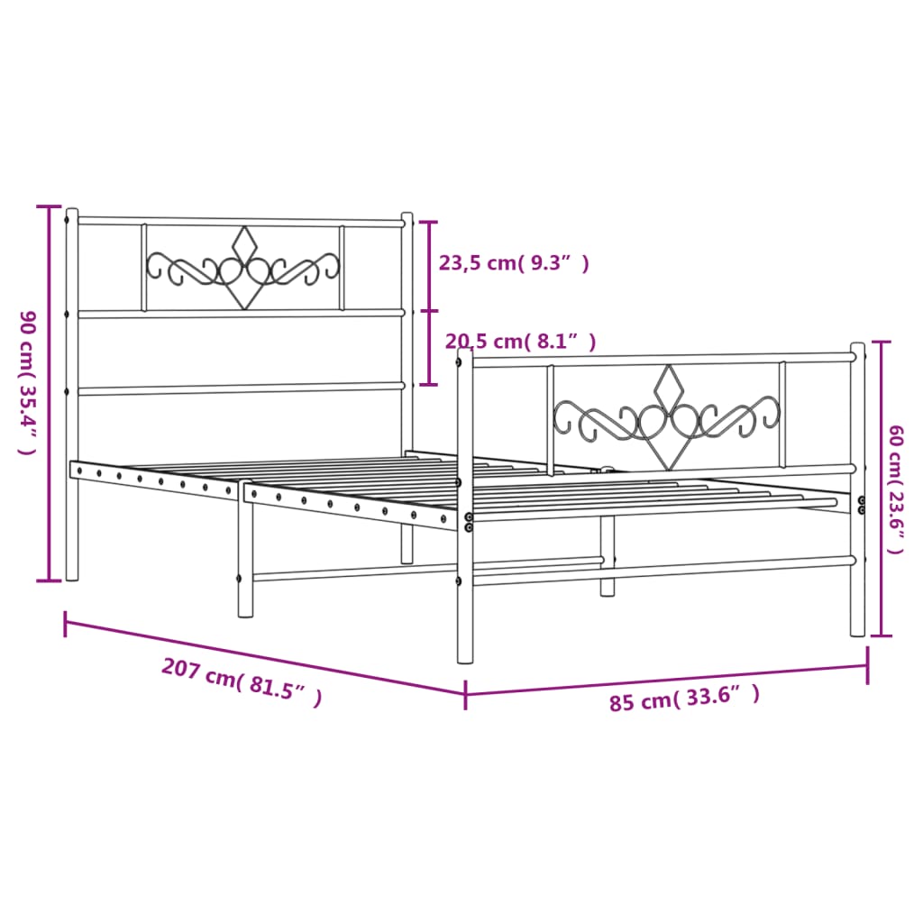 Metalni okvir kreveta uzglavlje i podnožje crni 80x200 cm