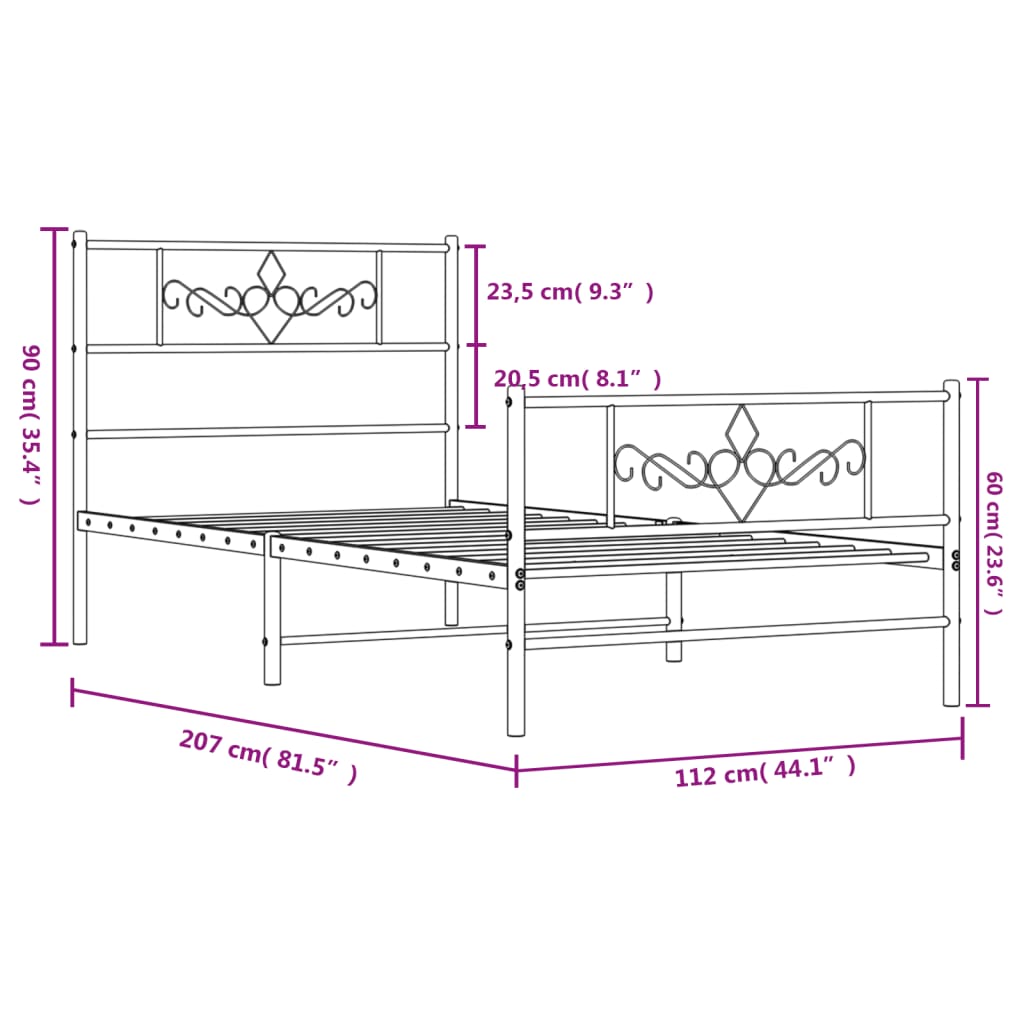 Metalni okvir kreveta uzglavlje i podnožje crni 107x203 cm
