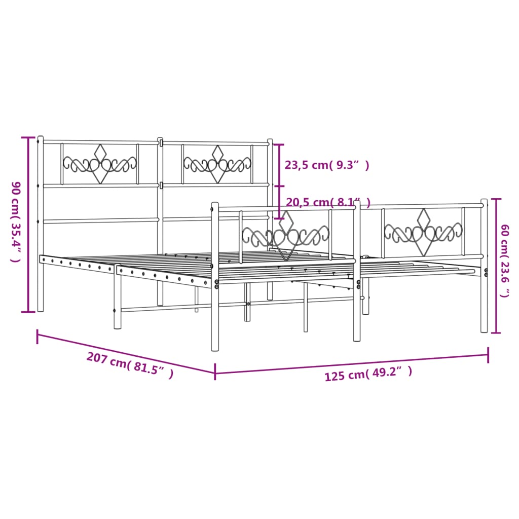 Metalni okvir kreveta uzglavlje i podnožje crni 120x200 cm