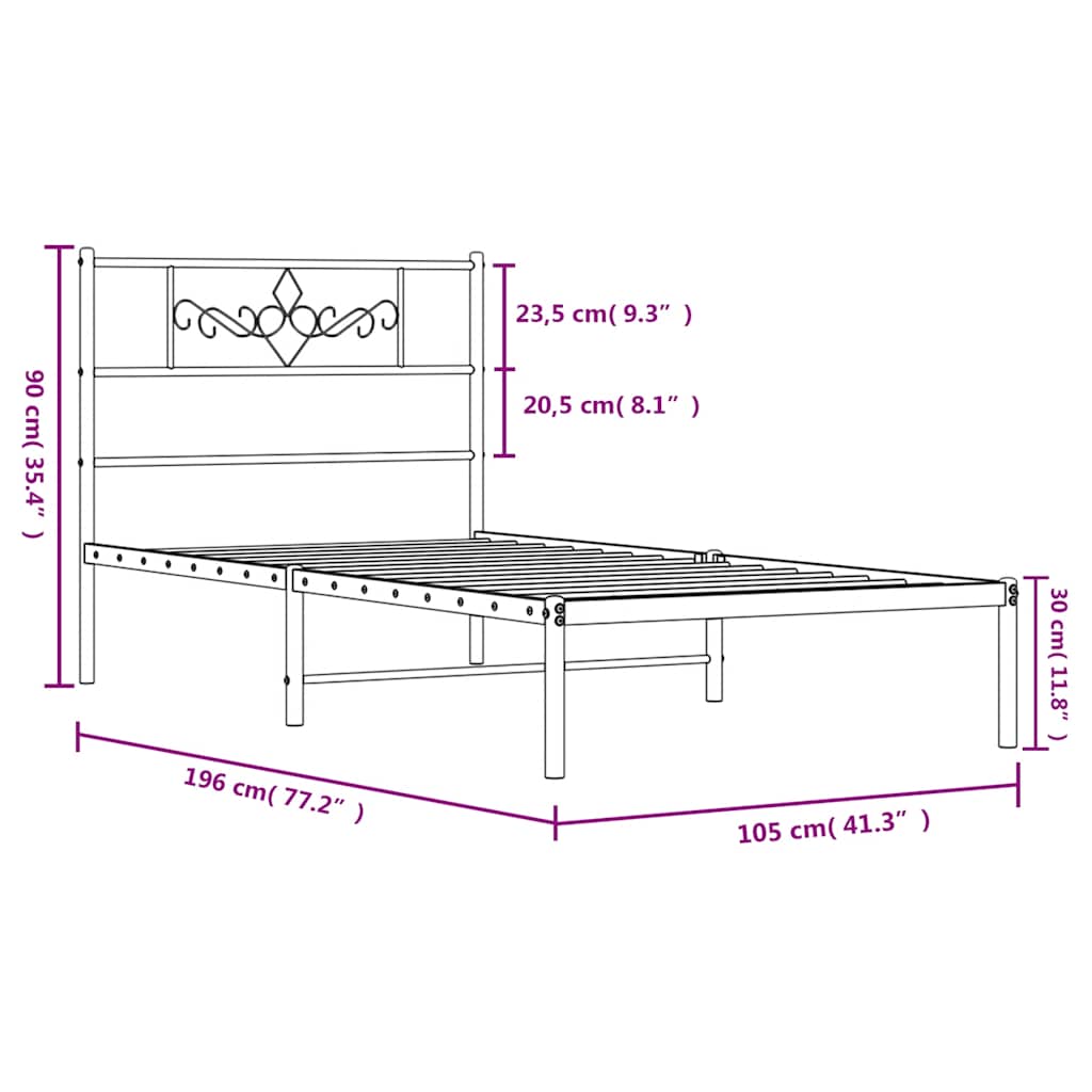 Metalni okvir za krevet s uzglavljem bijeli 100x190 cm