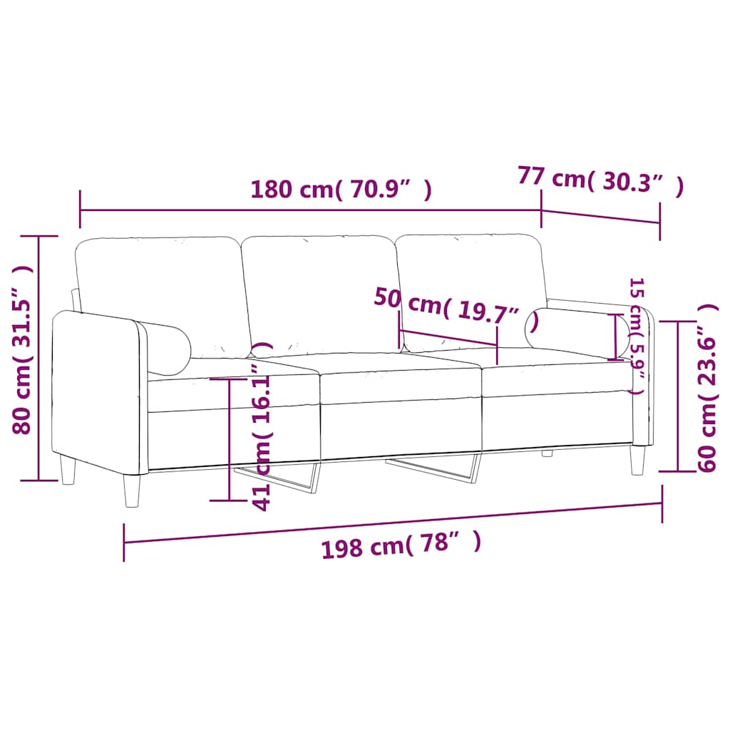 Trosjed s ukrasnim jastucima krem 180 cm baršunasti