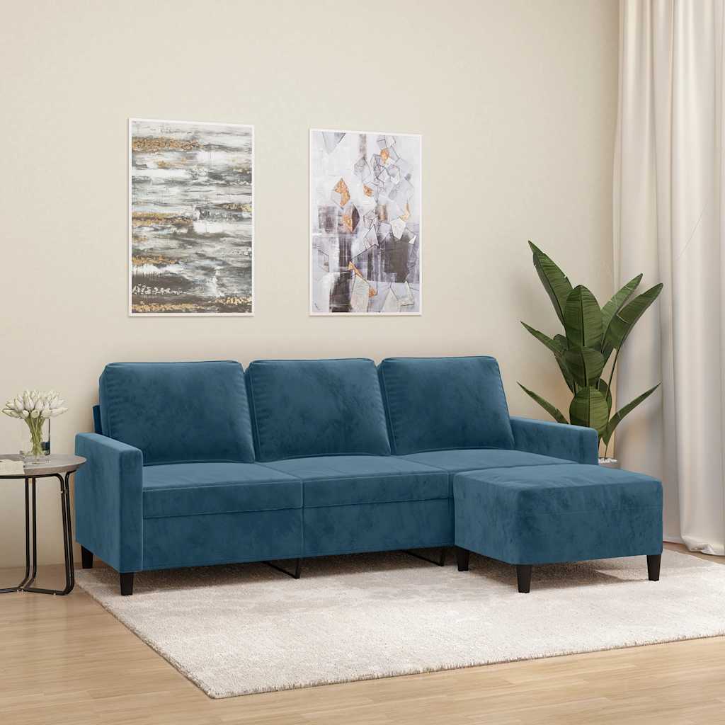 Trosjed s tabureom plavi 180 cm baršunasti