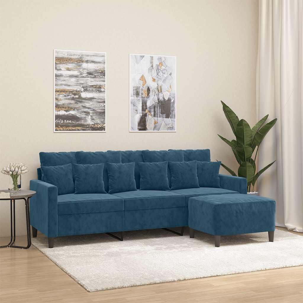 Trosjed s tabureom plavi 180 cm baršunasti