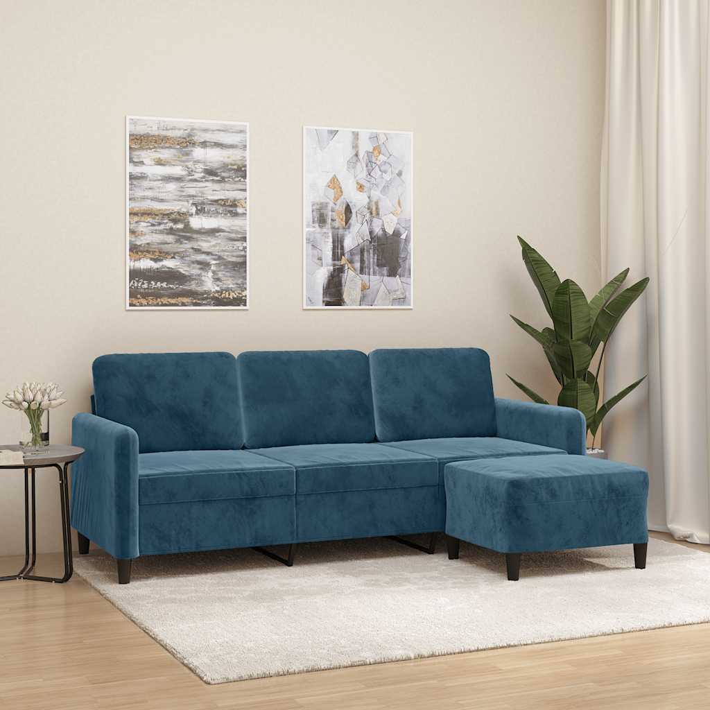 Trosjed s tabureom plavi 180 cm baršunasti