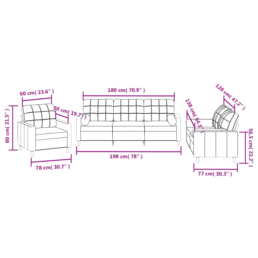 3-dijelni set sofa s jastucima svjetložuti od tkanine