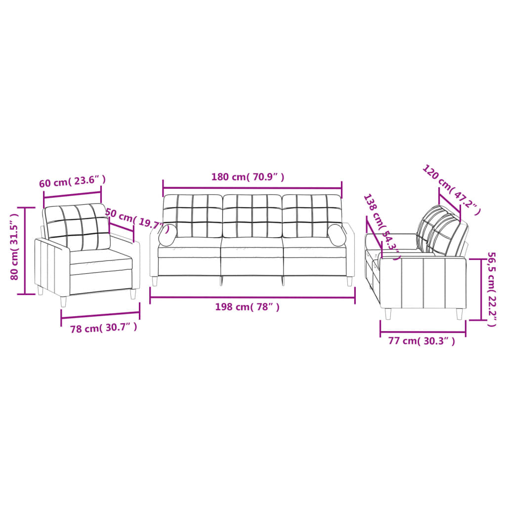 3-dijelni set sofa s jastucima smeđesivi od tkanine