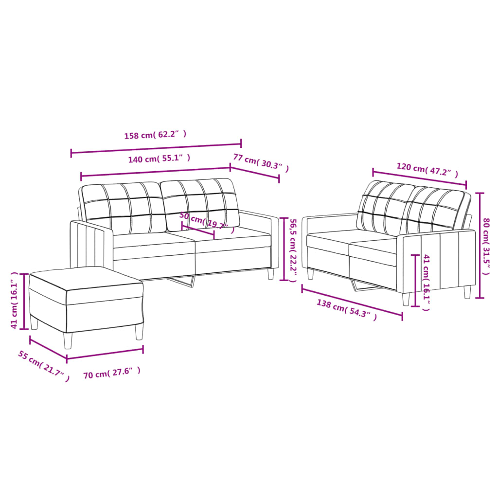 3-dijelni set sofa s jastucima crni od tkanine