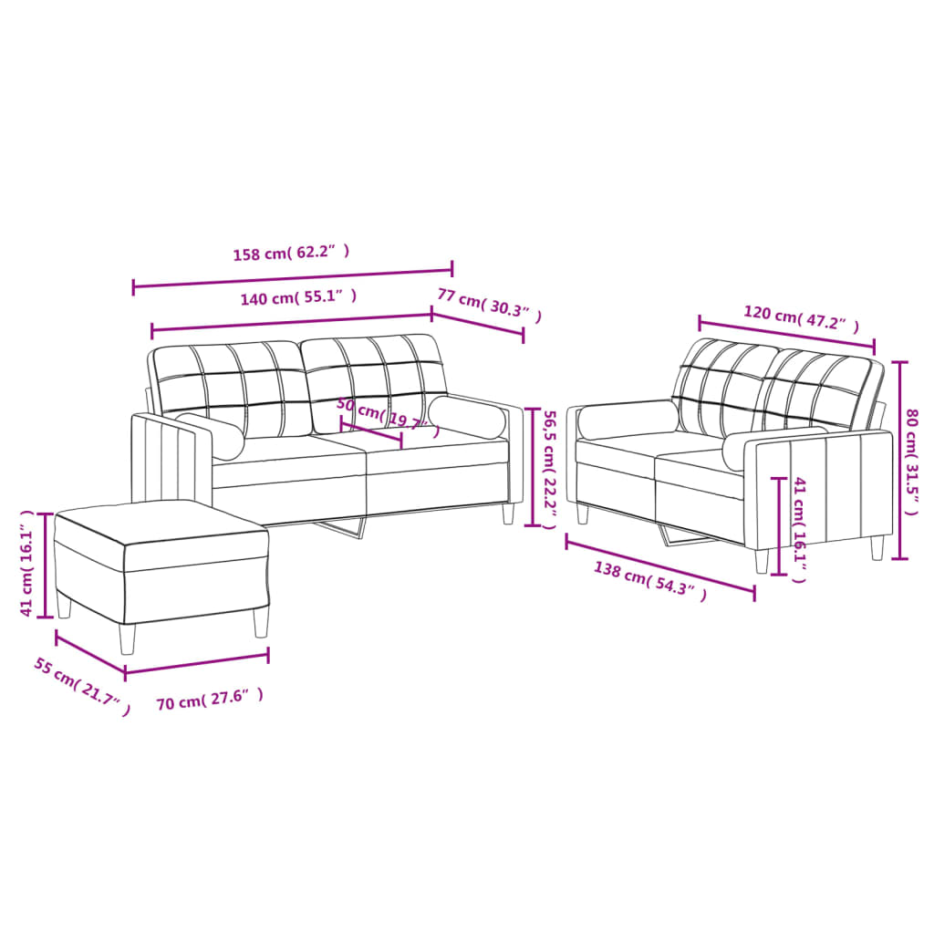 3-dijelni set sofa s jastucima svjetlosivi od tkanine