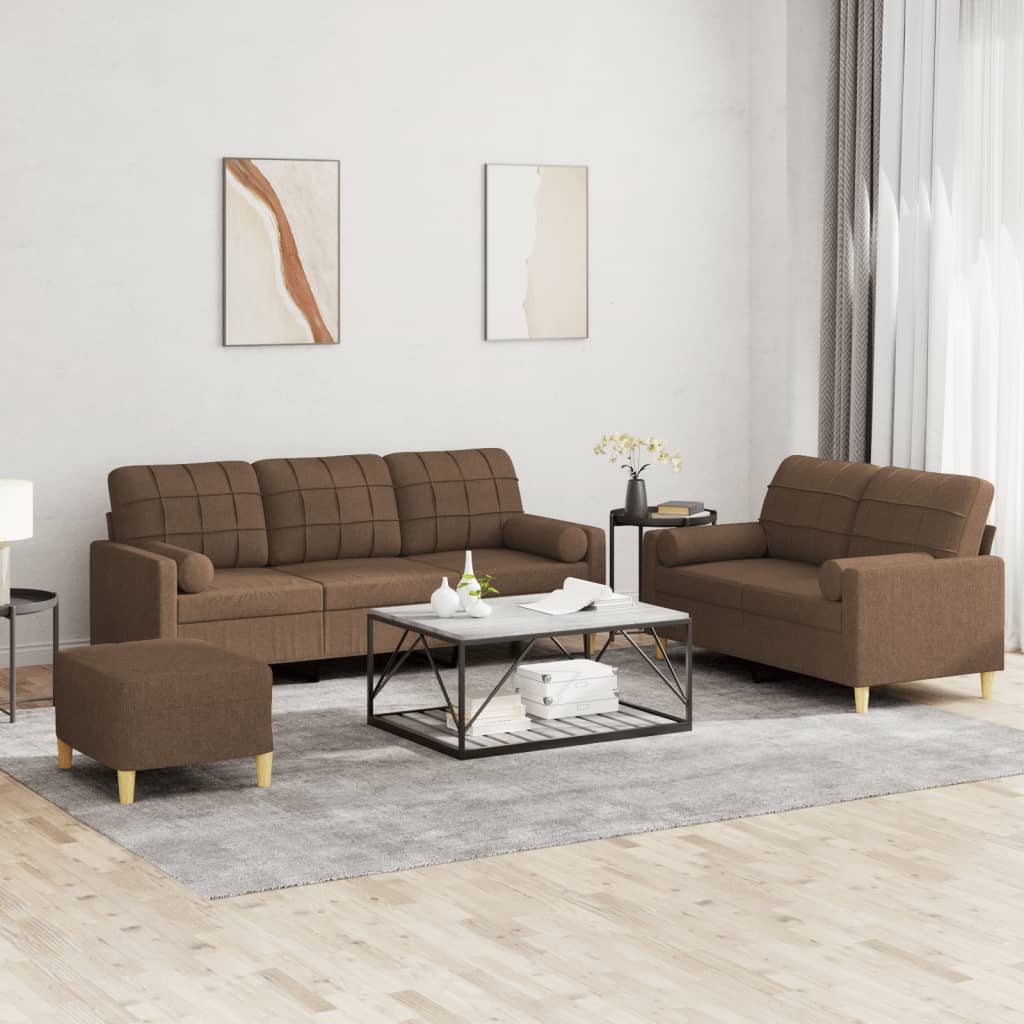 3-dijelni set sofa s jastucima smeđi od tkanine