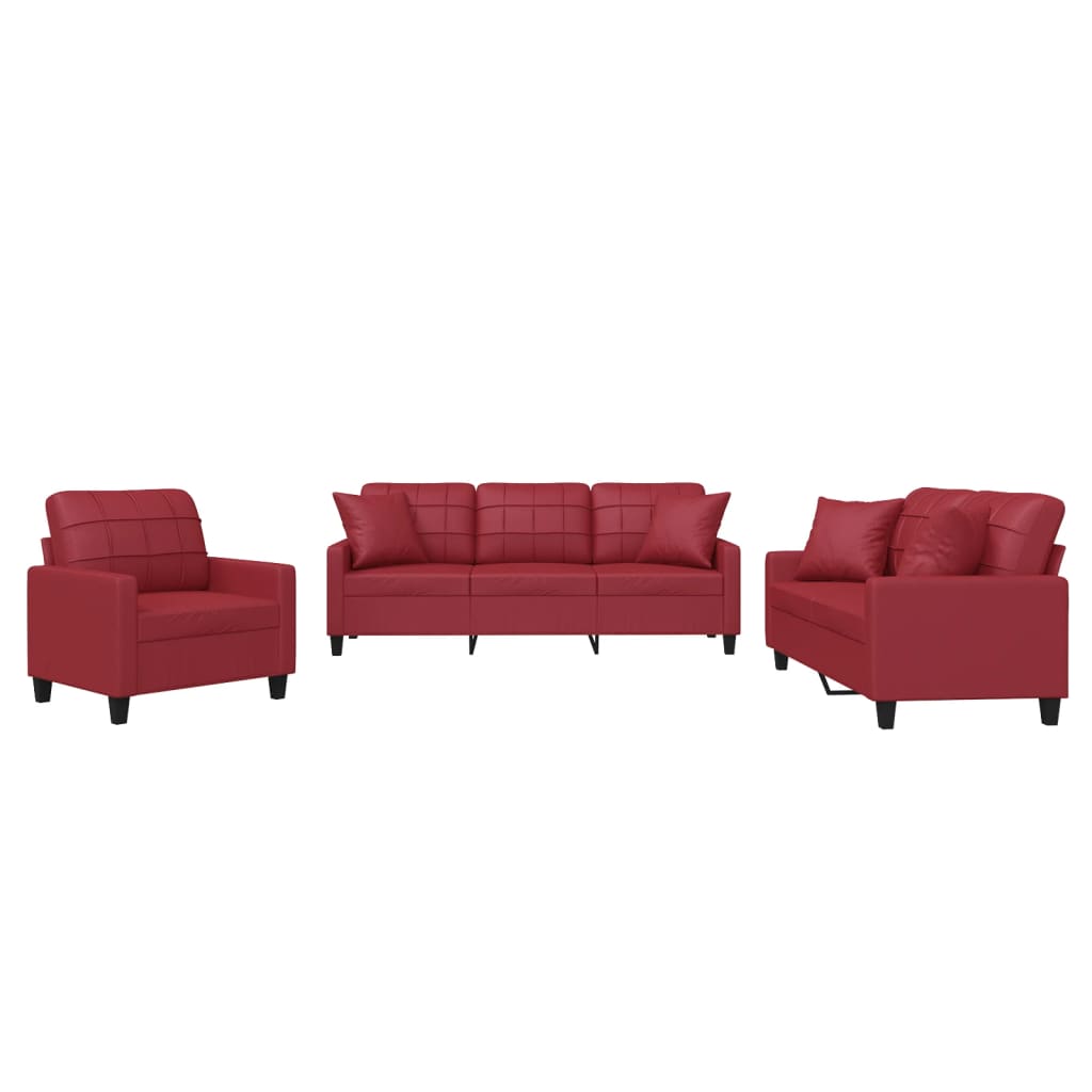 3-dijelni set sofa s jastucima boja vina od umjetne kože