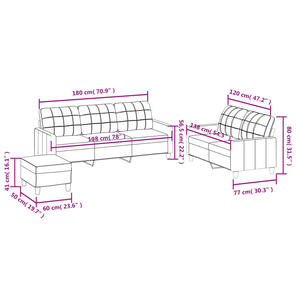 3-dijelni set sofa s jastucima krem od umjetne kože