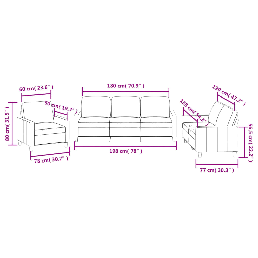 3-dijelni set sofa s jastucima krem od umjetne kože