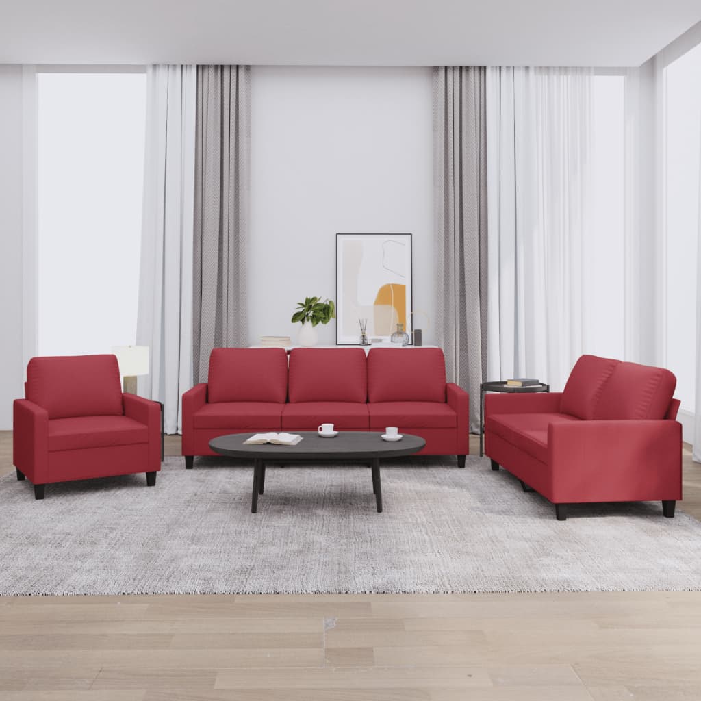 3-dijelni set sofa s jastucima boja vina od umjetne kože