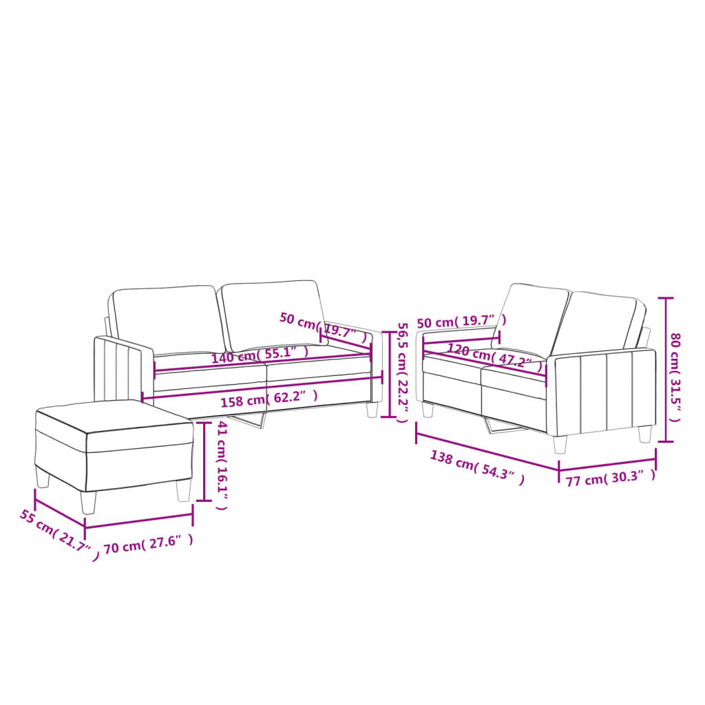 3-dijelni set sofa s jastucima boja vina od umjetne kože